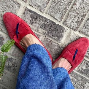 J. Crew red suede flats loafers blue velvet ribbon